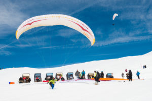 Paraglider launch site at the Muottas Muragl in Pontresina, Engadine, Switzerland Paraglider launch site at the Muottas Muragl in Pontresina, Engadine, Switzerland